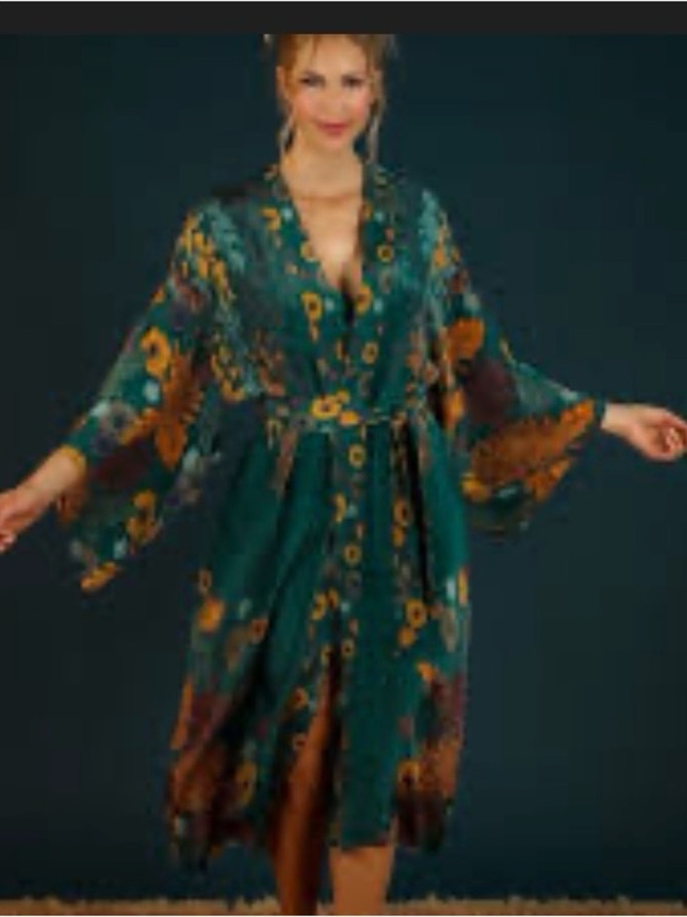 Powder Teal Floral Kimono Robe with Pockets and Belt